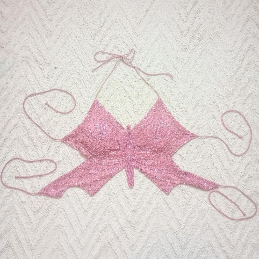 Y2K Pink Beaded Sequin Butterfly Fairy Top